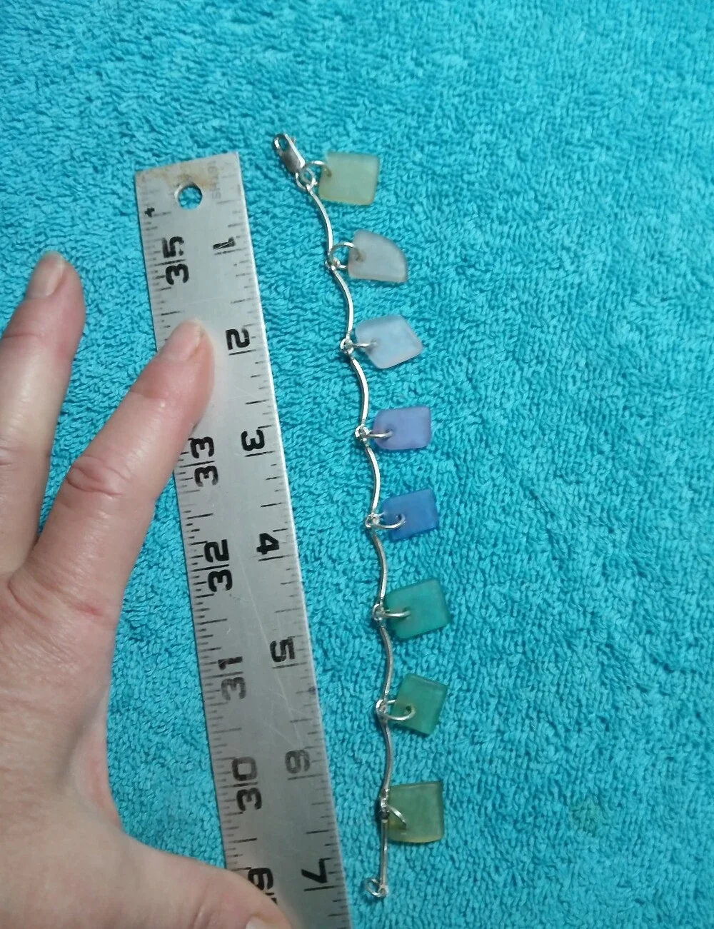 Green Blue Pink Sea Glass Bracelet With Silver Long Beads